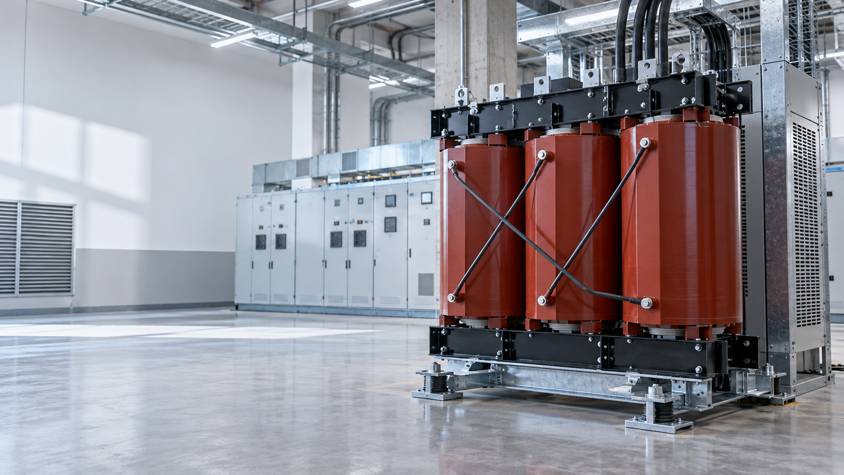 Cast-resin dry-type transformer installed in an electrical room