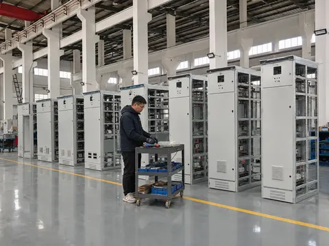 Switchgear assembly hall with rows of MV cabinets under test