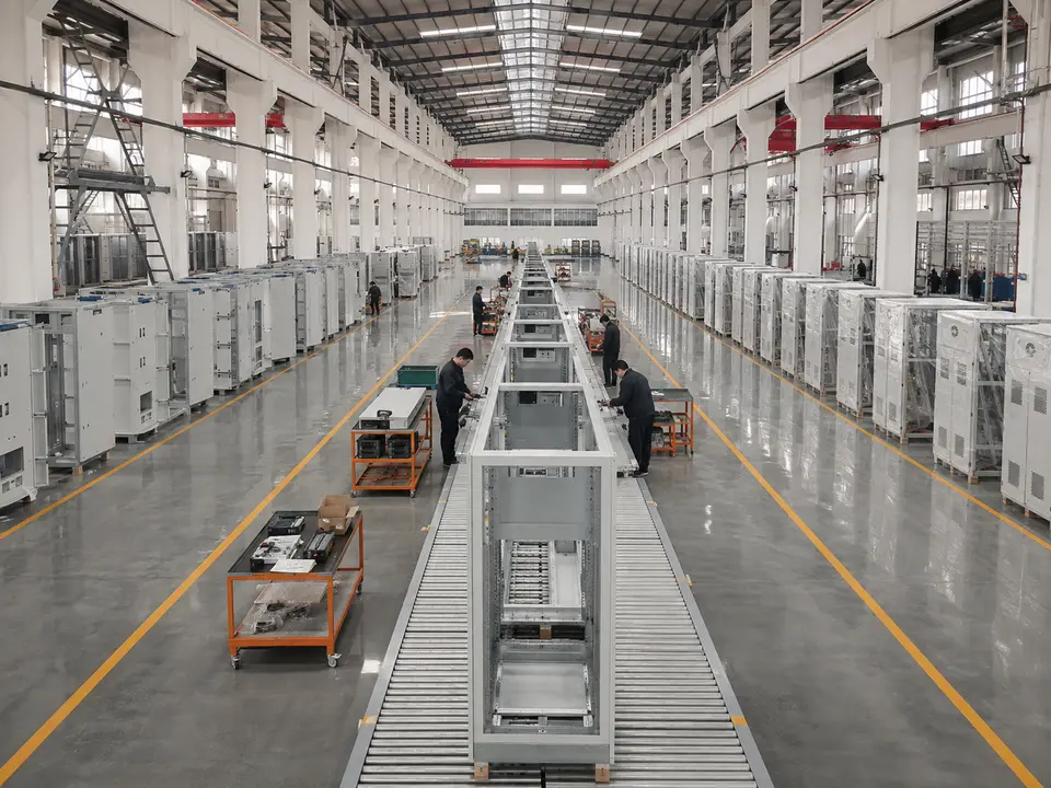 Main assembly hall of the Millenium factory in Shanghai with a central conveyor line