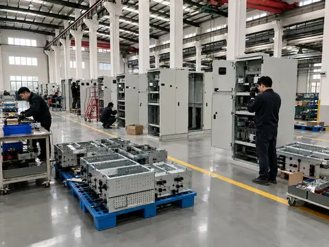 Switchgear and cabinet assembly benches with sheet-metal components on pallets