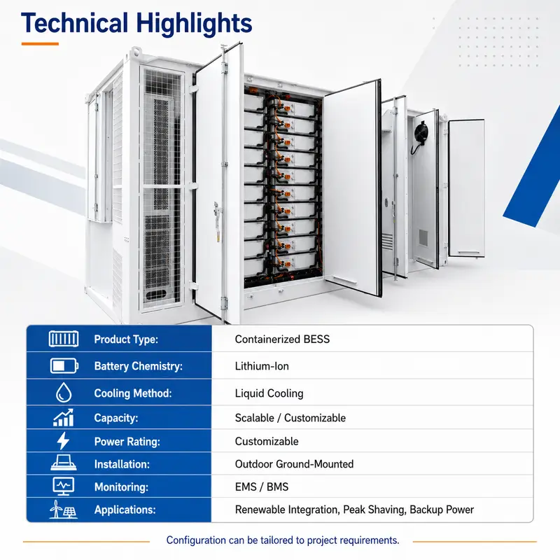 Integrated Battery-BMS-PCS LiFePO4 Storage System — 500kWh to 5MWh, Liquid-Cooled, IP67 — detail 1