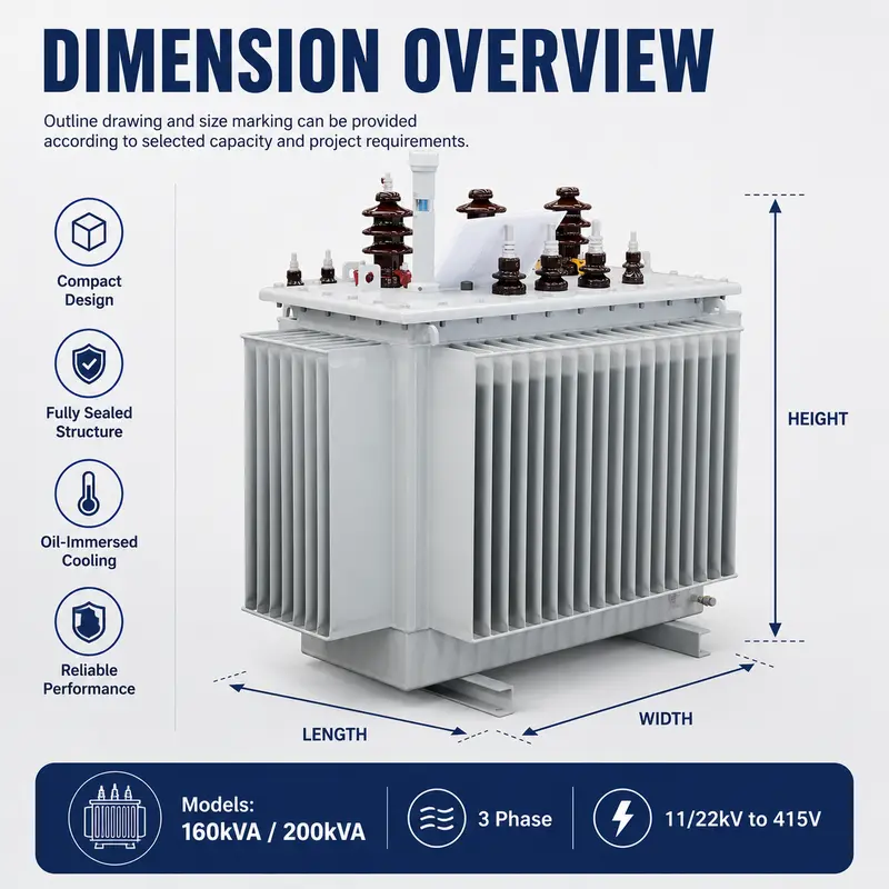 160kVA & 200kVA 11/22kV to 415V Three-Phase Oil-Immersed Distribution Transformer — detail 1