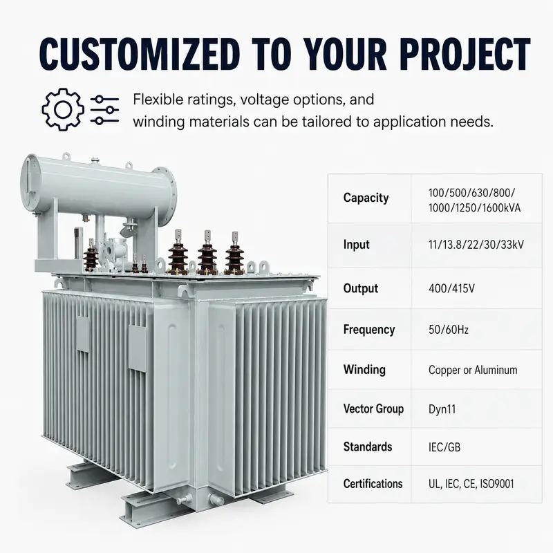 100–1600kVA 11/13.8/22/30/33kV Three-Phase Oil-Immersed Power Transformer — detail 4
