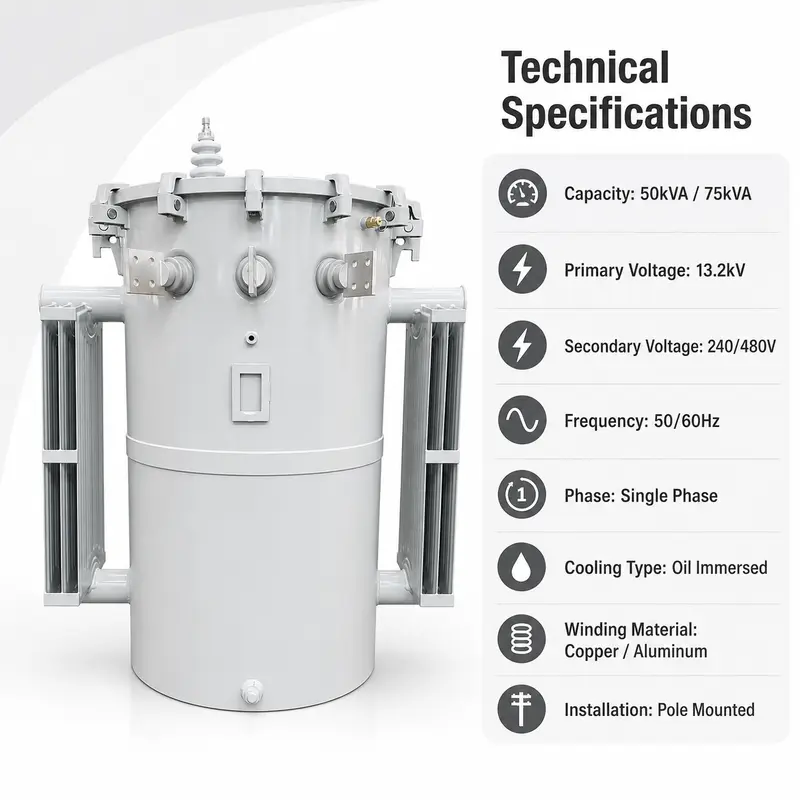 50 & 75 kVA Single-Phase Pole-Mount Transformer (13.2 kV, 240/480 V) — detail 1