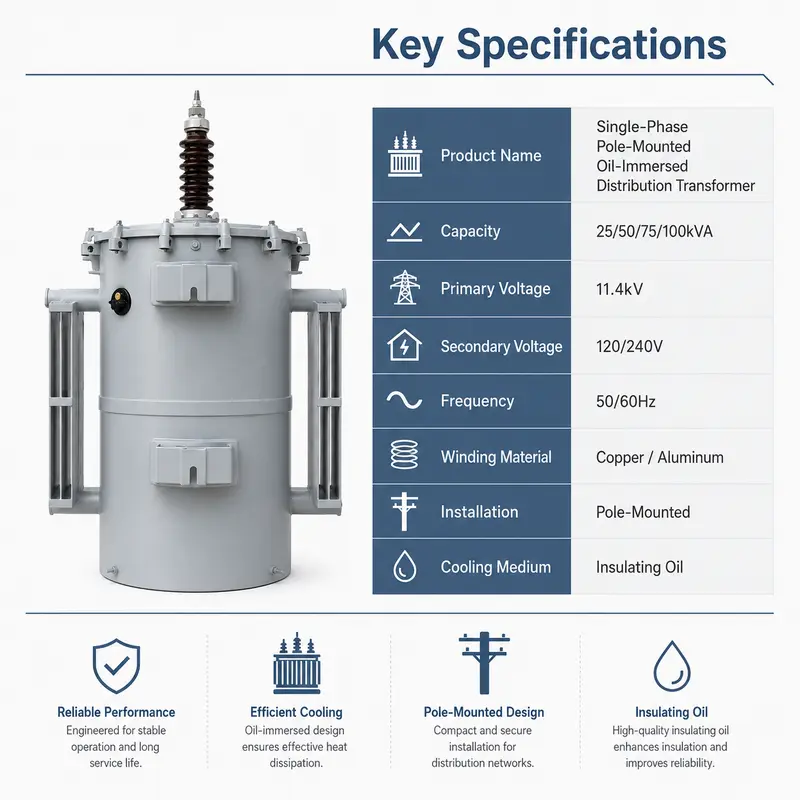 25–100 kVA Single-Phase Pole-Mounted Transformer at 11.4 kV — detail 1