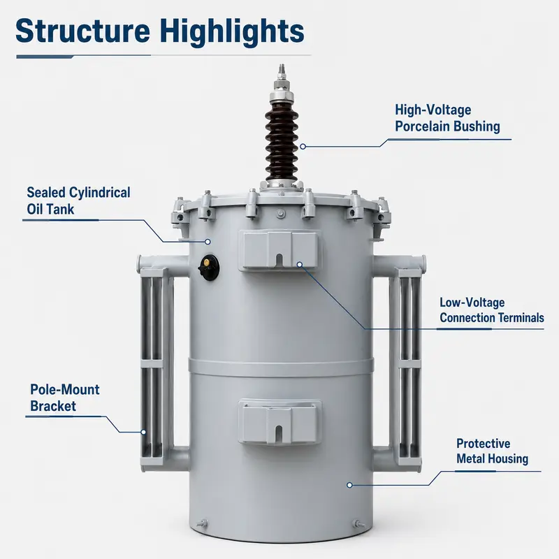 25–100 kVA Single-Phase Pole-Mounted Transformer at 11.4 kV — detail 2