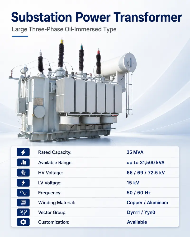 Custom-Built 25 MVA / 31500 kVA Power Transformer, 66–72.5 kV — detail 1
