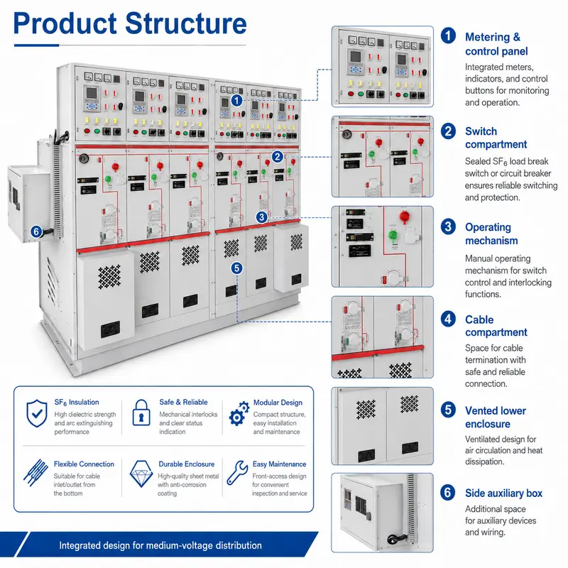 SF6 Intelligent Ring Main Unit, 12–33kV (630–2500A, Solid-Insulated, Indoor) — detail 1
