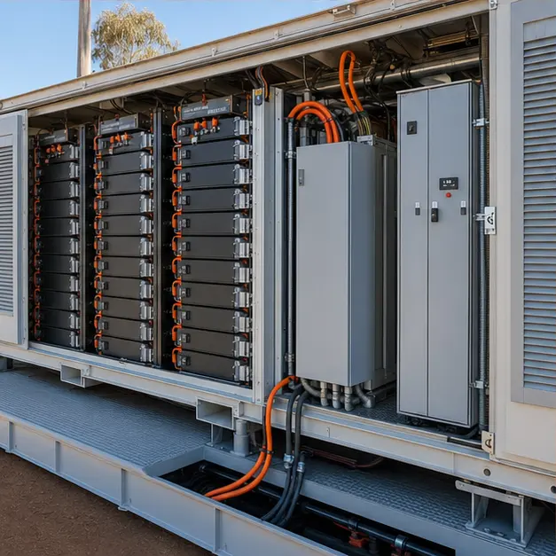 Interior view of battery racks with liquid-cooling manifolds and pipework inside a storage container