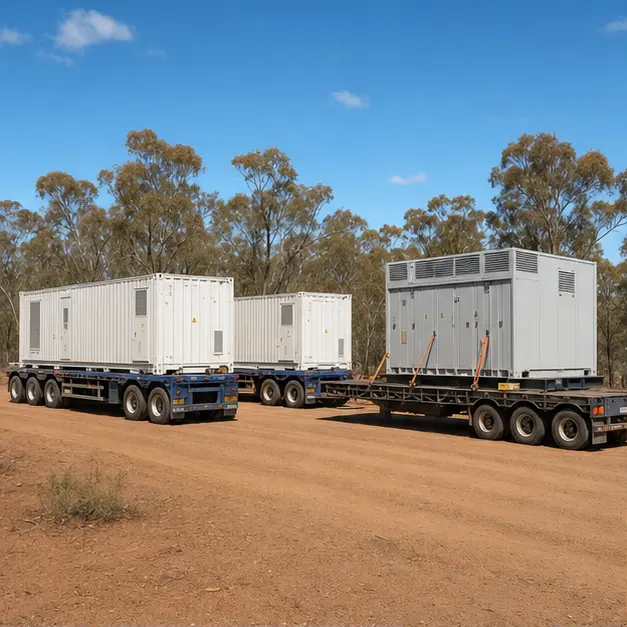 Battery energy storage container and power conversion equipment being delivered by truck to an inland solar farm