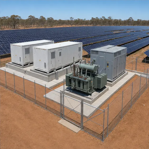 Completed and fenced battery energy storage system with containers, power conversion equipment and step-up transformer next to a solar farm