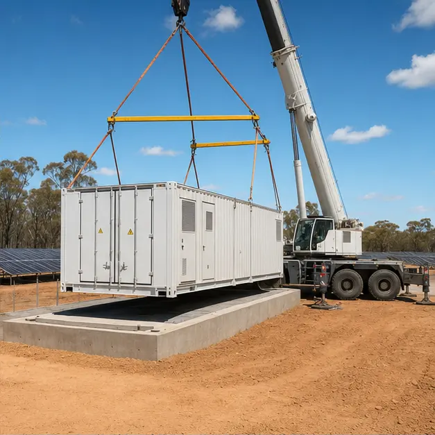 Crane lifting a battery energy storage container onto a prepared concrete foundation beside a solar farm