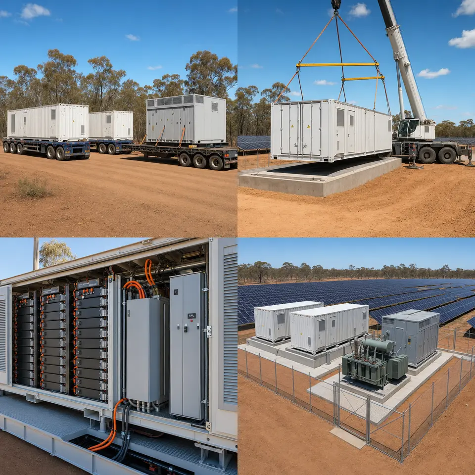 Contact sheet showing four stages of a battery energy storage installation: delivery, container placement, battery rack and cooling inspection, completed system