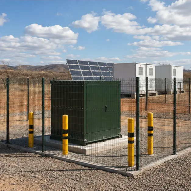 Completed and fenced pad-mounted transformer installation with photovoltaic arrays in the background