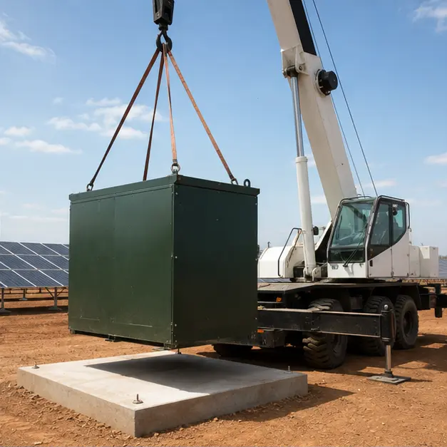 Crane lifting a pad-mounted transformer onto a concrete pad beside photovoltaic arrays
