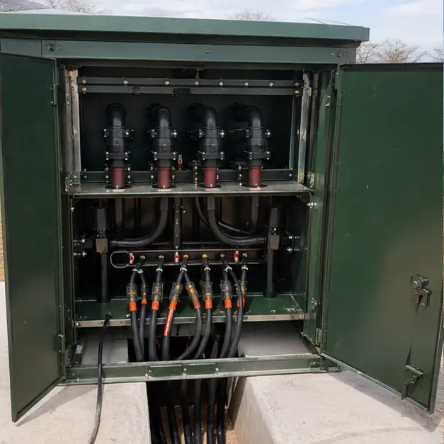 Close view of dead-front elbow connectors being fitted to the high-voltage compartment of a pad-mounted transformer