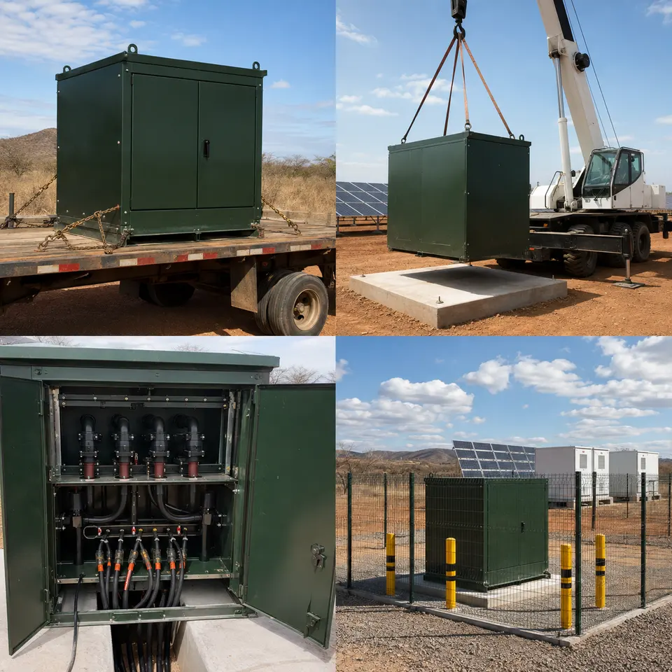 Contact sheet illustrating four stages of a pad-mounted transformer installation: delivery, crane placement, dead-front connection, finished installation