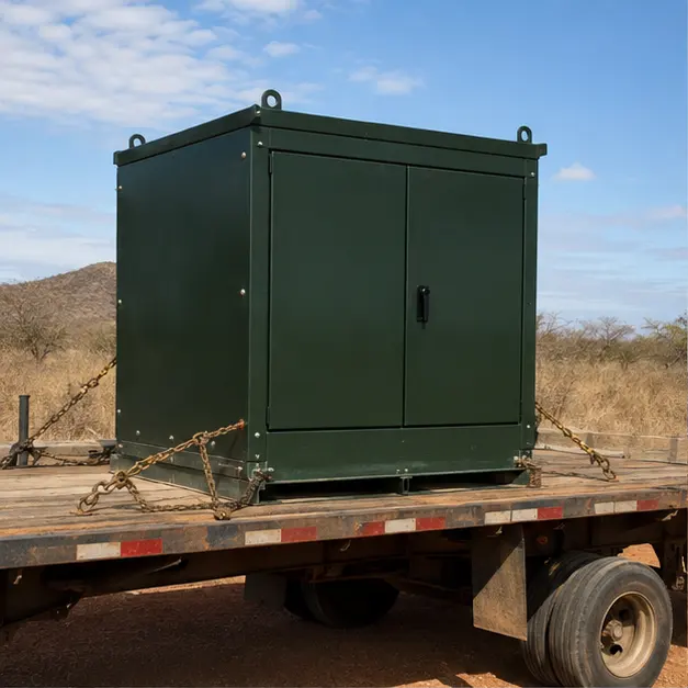 Three-phase pad-mounted transformer on a delivery truck at a solar plant access road