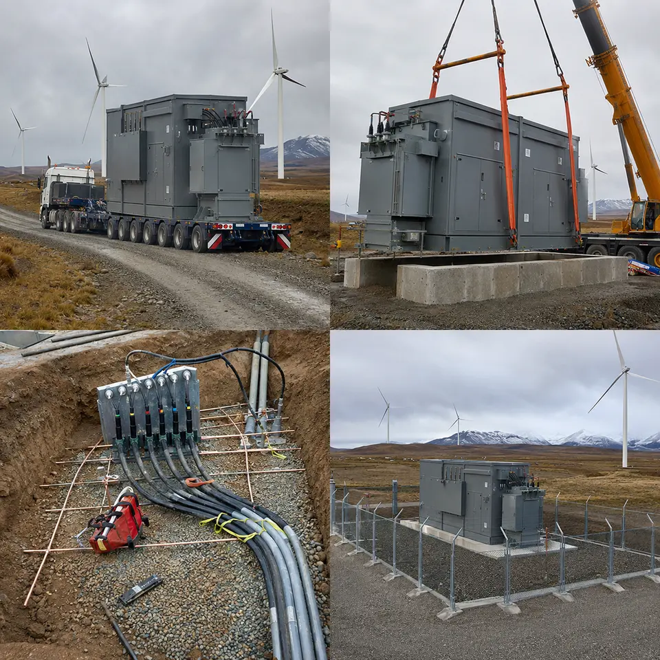 Contact sheet illustrating four stages of a prefabricated substation installation: transport, foundation placement, cable and earthing work, finished installation