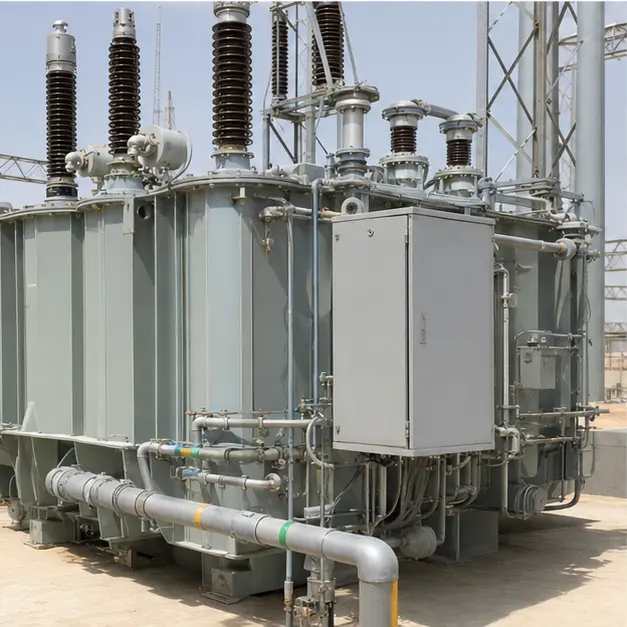 Detail view of high-voltage bushings, surge arresters, conservator pipework and the marshalling kiosk on an oil-immersed transformer