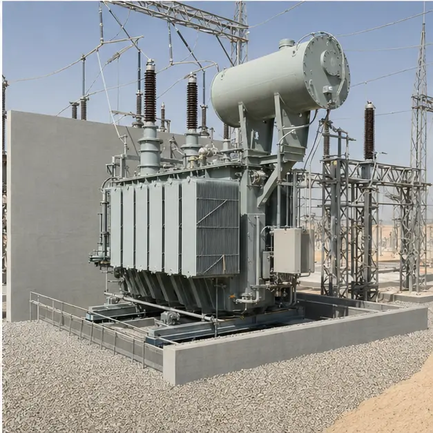 A completed transformer bay showing an oil-immersed grid transformer over a bunded containment area, with fencing and connections in place
