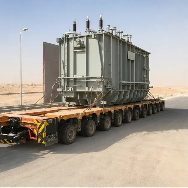 A large oil-immersed power transformer secured on a multi-axle trailer travelling along a desert road
