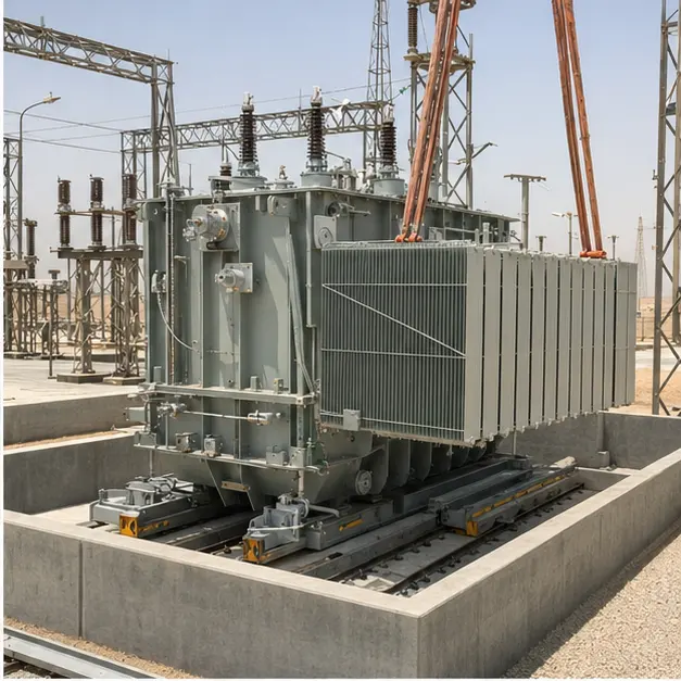 A crane placing an oil-immersed transformer tank on its plinth while radiator banks are assembled alongside
