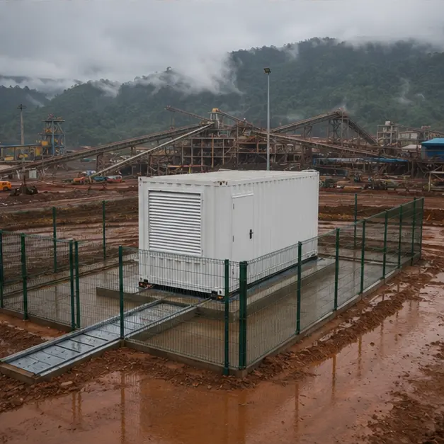 Completed, fenced containerized substation on a raised plinth at a remote mining site