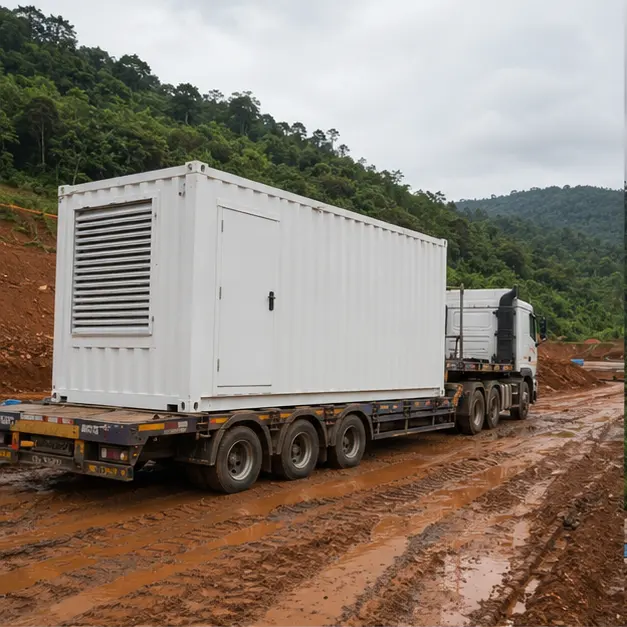Containerized prefabricated substation in transit on a truck along a wet, unsealed mine road