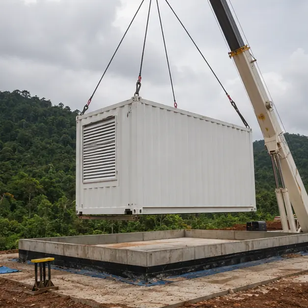Crane lowering a substation container onto a raised concrete plinth at a mine site
