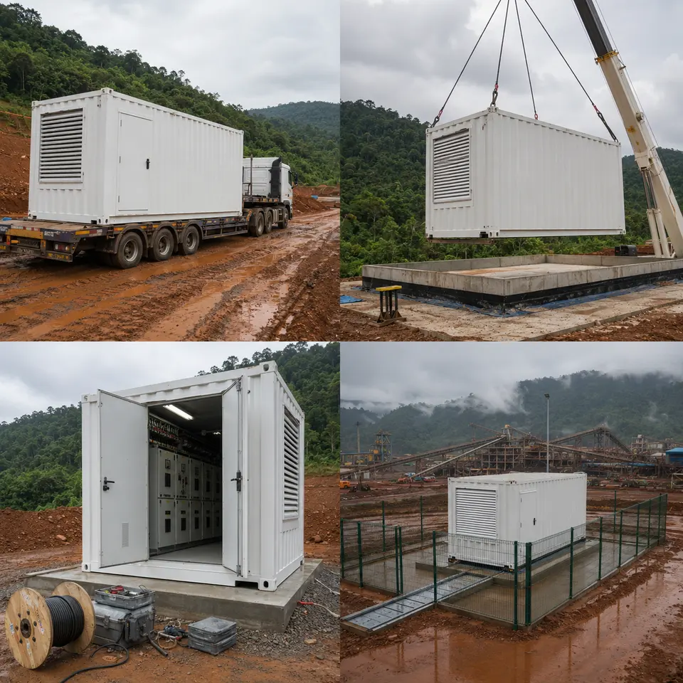 Contact sheet illustrating four stages of a containerized substation build: delivery, crane placement, switchgear and cable work, finished installation