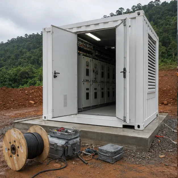 Technicians terminating cables and working on medium-voltage switchgear inside a substation enclosure