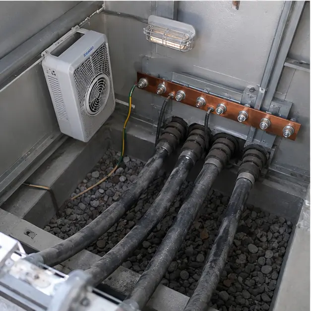Detail view of sealed cable entries, gland plates and anti-condensation heaters inside an insulated substation enclosure