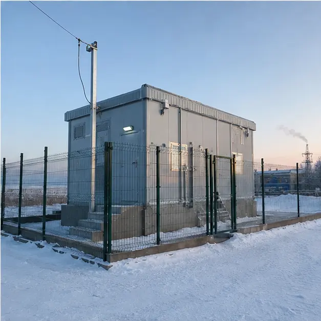 Completed and fenced insulated prefabricated substation on a raised foundation in a snow-covered landscape