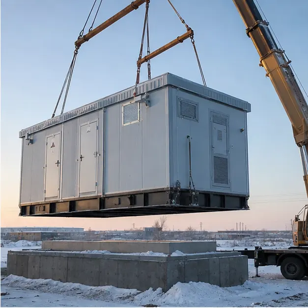 Crane lifting an insulated prefabricated substation enclosure onto a raised concrete foundation in snow