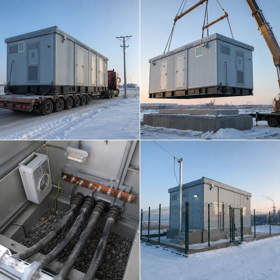 Contact sheet showing four stages of a cold-climate substation installation: winter transport, crane placement, cable entry and anti-condensation work, completed installation