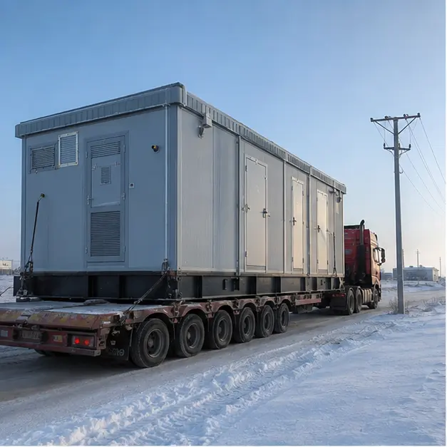 Prefabricated substation enclosure secured on a truck travelling a snow-covered road