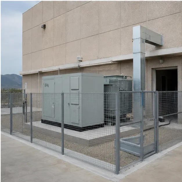 Completed and fenced compact substation installed beside a factory electrical room