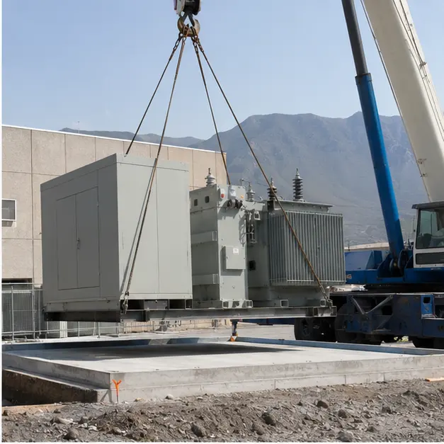 Crane lifting a compact substation onto a prepared concrete foundation beside a factory building