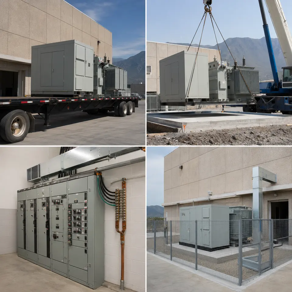Contact sheet showing four stages of a factory substation installation: delivery, crane positioning, indoor switchgear and bus duct work, completed installation