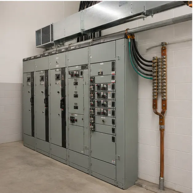 Low-voltage switchboard and bus duct run being connected inside a factory electrical room