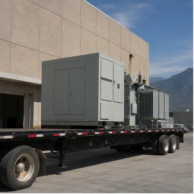 Compact box-type substation secured on a truck arriving at a manufacturing plant yard