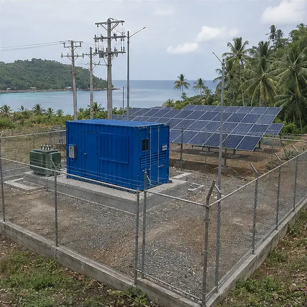 A completed, fenced containerized microgrid substation on a raised pad, with solar arrays and distribution lines nearby