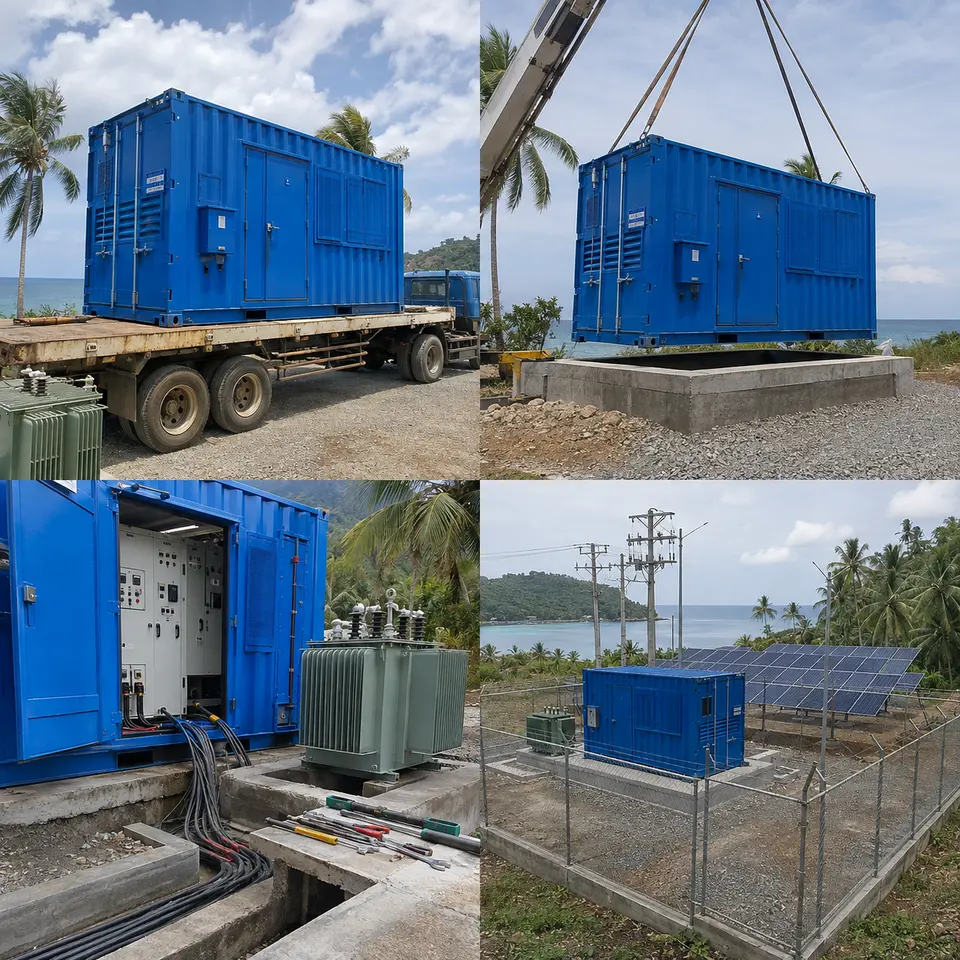 Contact sheet illustrating four stages of a microgrid substation installation: delivery, raised pad placement, switchgear and cable work, finished site