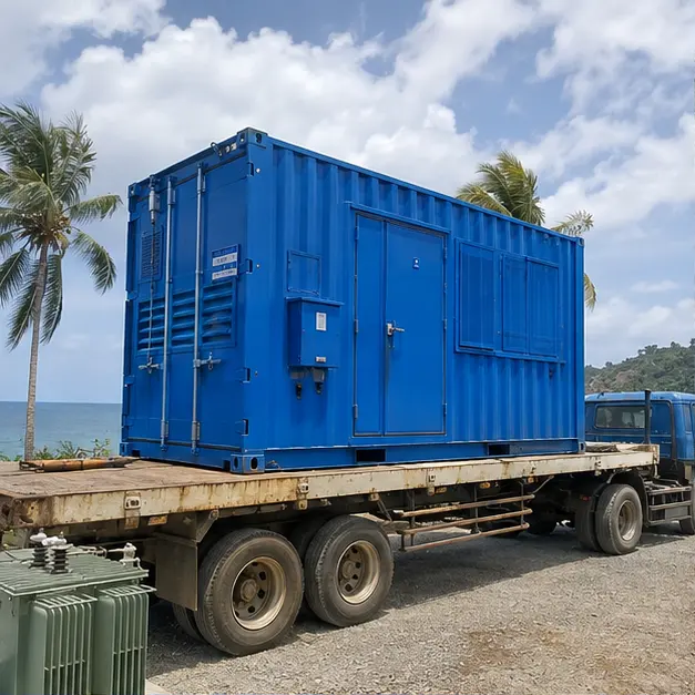 Containerized substation equipment arriving at a coastal island location