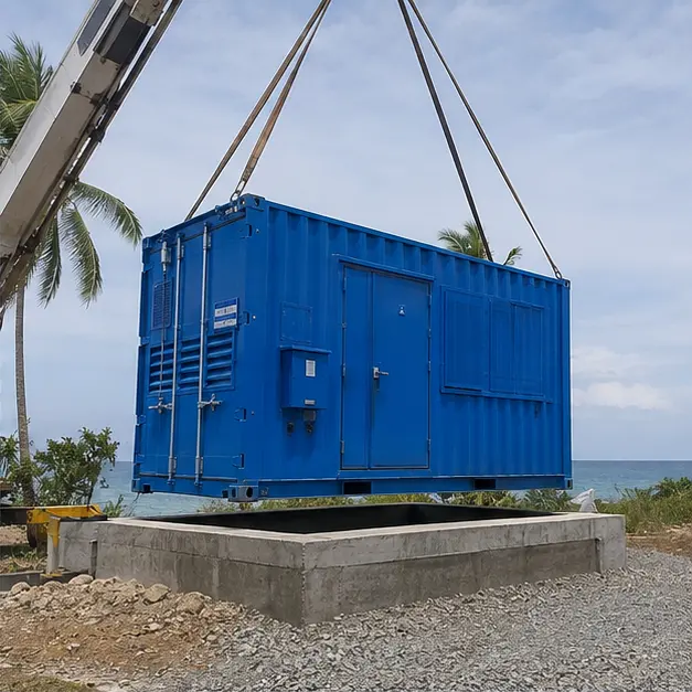 A crane lowering a substation container onto a raised concrete pad at a coastal site
