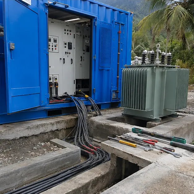Technicians terminating cables and connecting switchgear inside a containerized substation