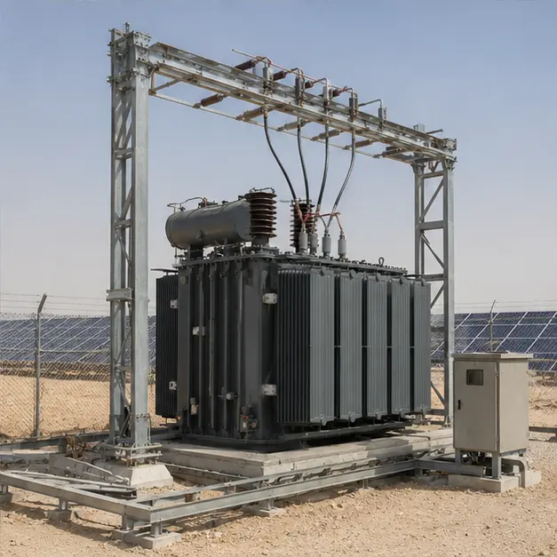 Completed outdoor transformer bay with radiators, conservator, surge arresters and gantry connections at a solar plant