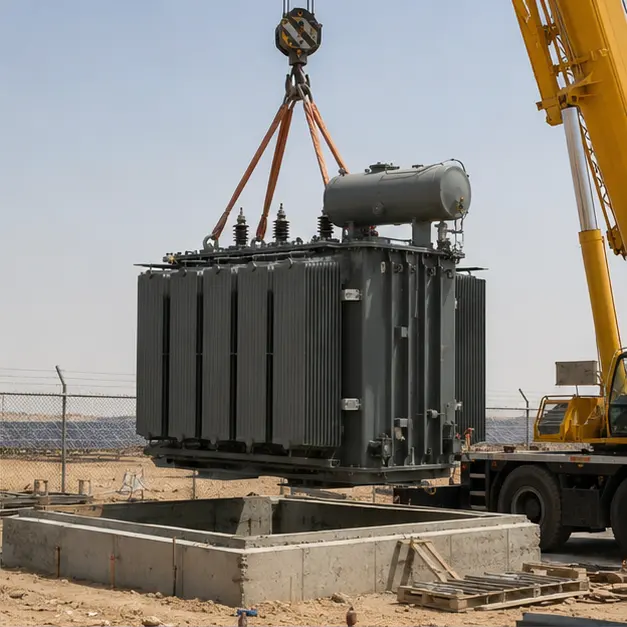 Mobile crane lifting an oil-immersed power transformer onto a concrete plinth