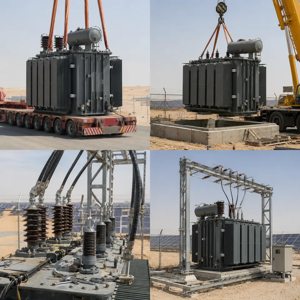 Contact sheet showing four stages of a solar transformer bay installation: delivery, crane placement, HV terminations, completed bay